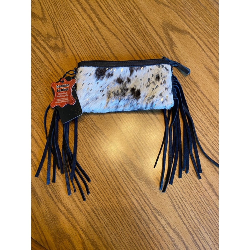American Darling Cowhide Fringe Clutch Bag Leather Gold Acid Wash Western NWT